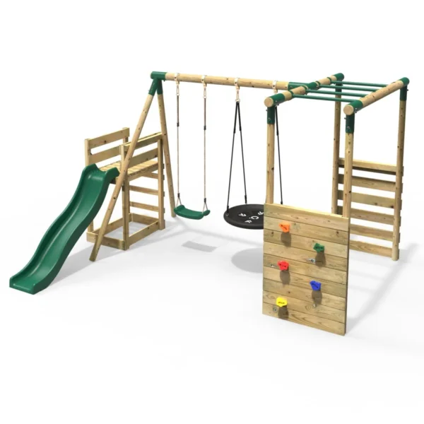 Rebo Wooden Swing Set with Monkey Bars plus Deck & 6ft Slide - Satellite Green - Image 5