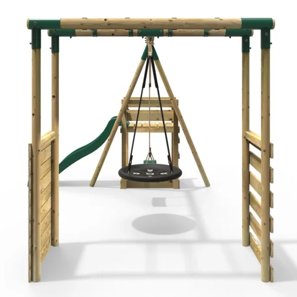 Rebo Wooden Swing Set with Monkey Bars plus Deck & 6ft Slide - Satellite Green - Image 3