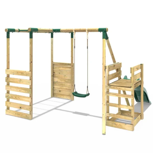 Rebo Wooden Swing Set with Monkey Bars plus Deck & 6ft Slide - Solar Green - Image 3