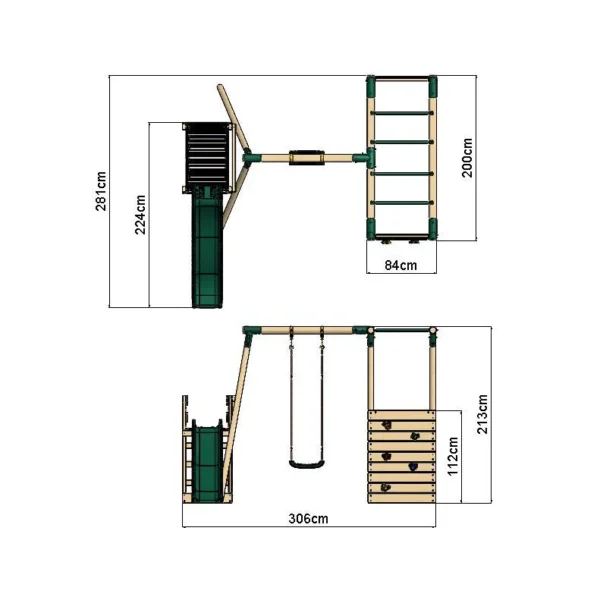 Rebo Wooden Swing Set with Monkey Bars plus Deck & 6ft Slide - Solar Green - Image 2