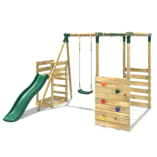 Rebo Wooden Swing Set with Monkey Bars plus Deck & 6ft Slide - Solar Green - Image 5