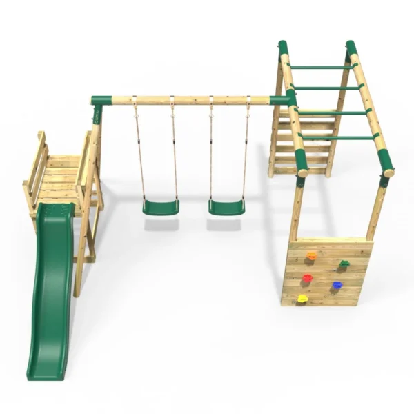 Rebo Wooden Swing Set with Monkey Bars plus Deck & 6ft Slide - Venus Green - Image 4