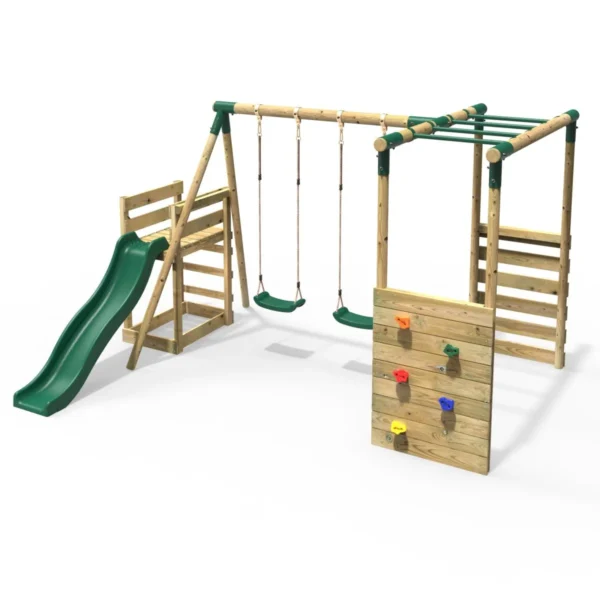 Rebo Wooden Swing Set with Monkey Bars plus Deck & 6ft Slide - Venus Green - Image 5