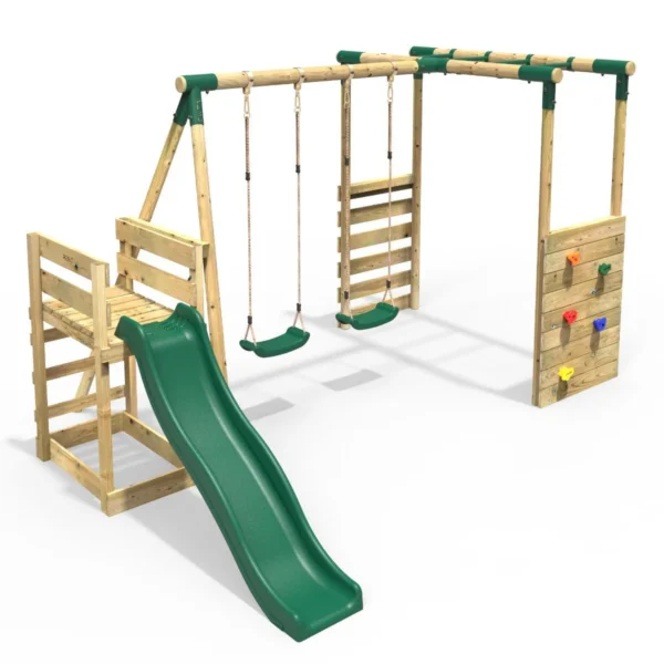 Rebo Wooden Swing Set with Monkey Bars plus Deck & 6ft Slide - Venus Green - Image 7