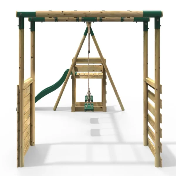 Rebo Wooden Swing Set with Monkey Bars plus Deck & 6ft Slide - Venus Green - Image 3