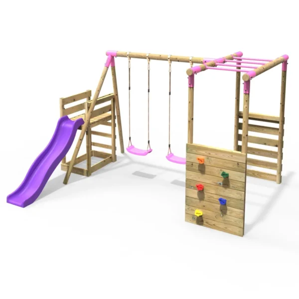 Rebo Wooden Swing Set with Monkey Bars plus Deck & 6ft Slide - Venus Pink - Image 5