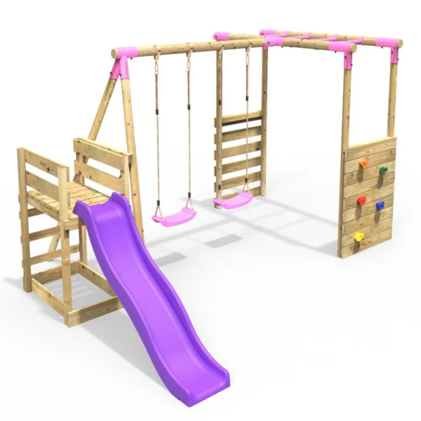 Rebo Wooden Swing Set with Monkey Bars plus Deck & 6ft Slide - Venus Pink - Image 7