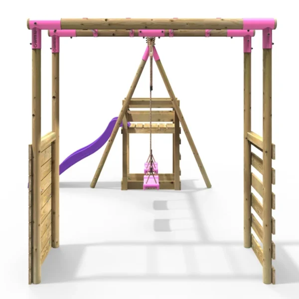 Rebo Wooden Swing Set with Monkey Bars plus Deck & 6ft Slide - Venus Pink - Image 3