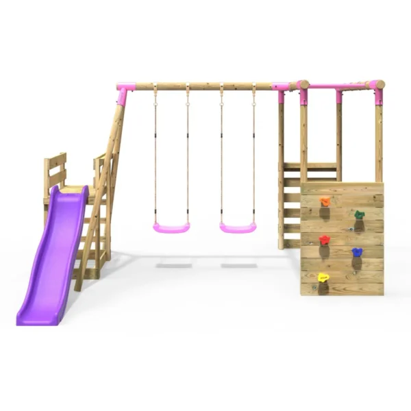 Rebo Wooden Swing Set with Monkey Bars plus Deck & 6ft Slide - Venus Pink - Image 6