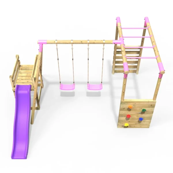 Rebo Wooden Swing Set with Monkey Bars plus Deck & 6ft Slide - Venus Pink - Image 4