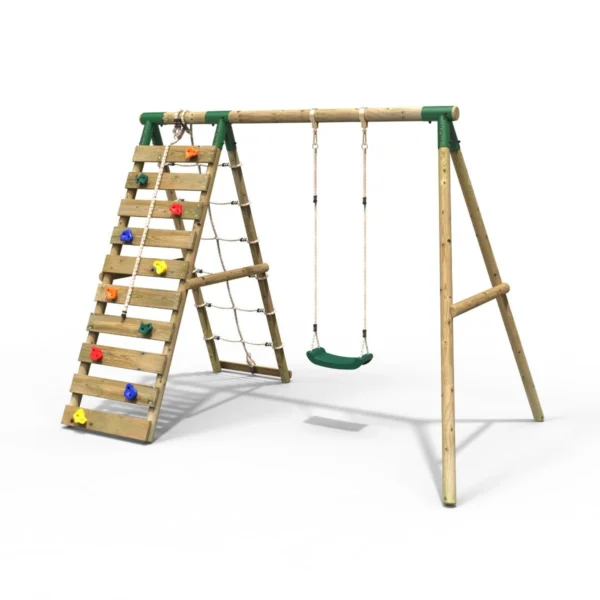 Rebo Wooden Swing Set with Up and Over Climbing Wall - Aria Green - Image 7