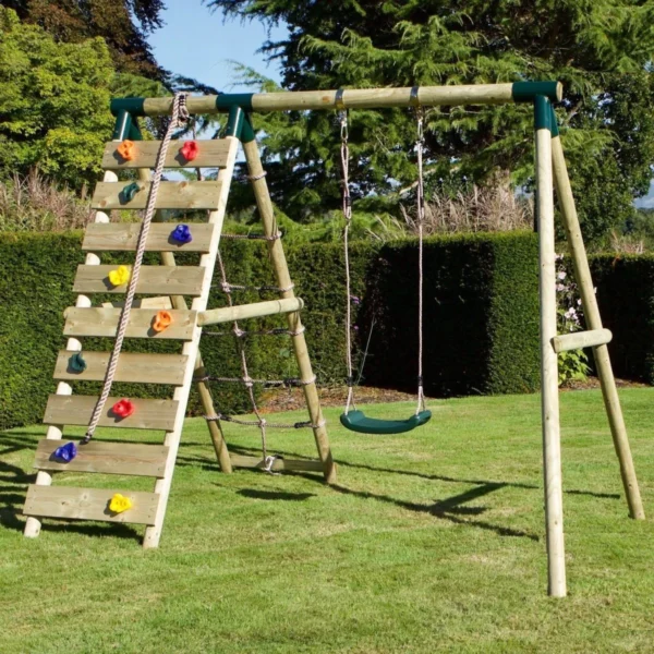 Rebo Wooden Swing Set with Up and Over Climbing Wall - Aria Green - Image 3