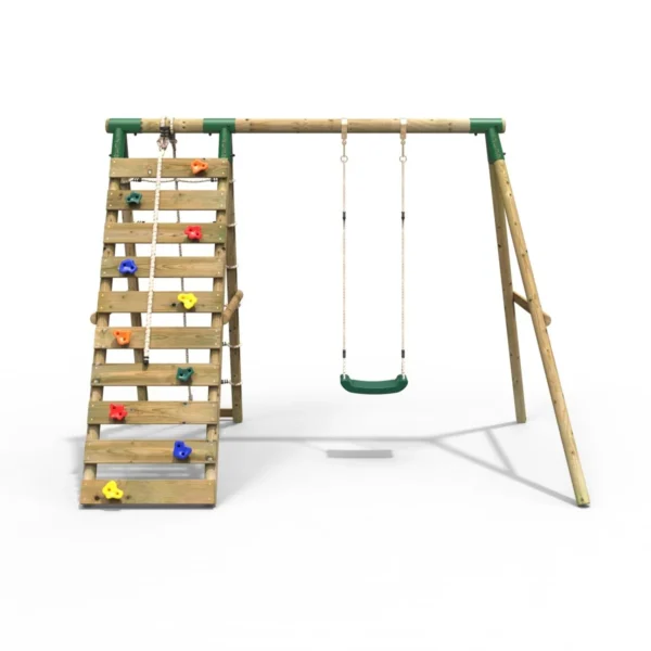 Rebo Wooden Swing Set with Up and Over Climbing Wall - Aria Green - Image 6