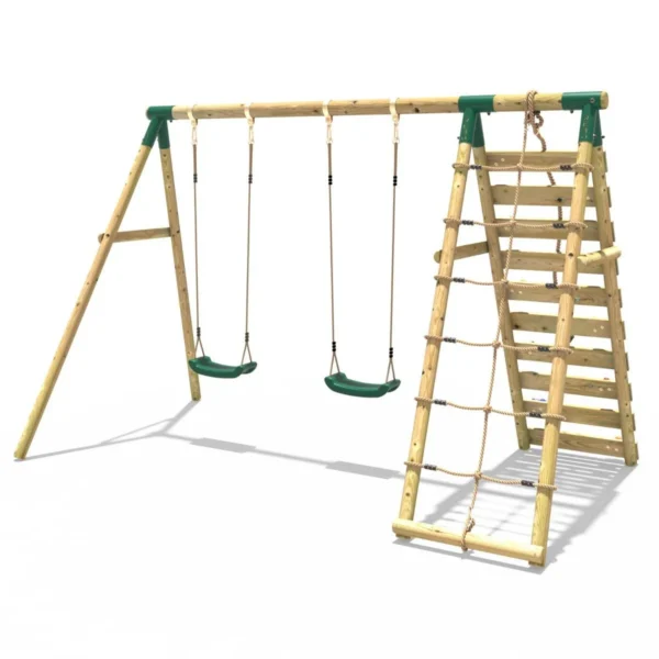 Rebo Wooden Swing Set with Up and Over Climbing Wall - Ela Green - Image 3