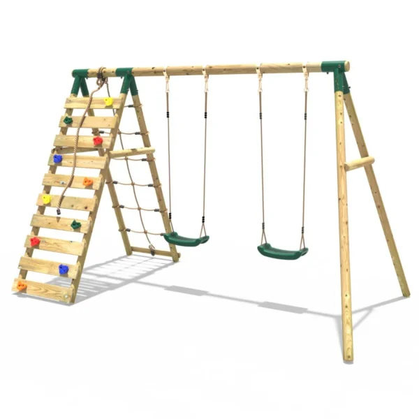 Rebo Wooden Swing Set with Up and Over Climbing Wall - Ela Green - Image 6