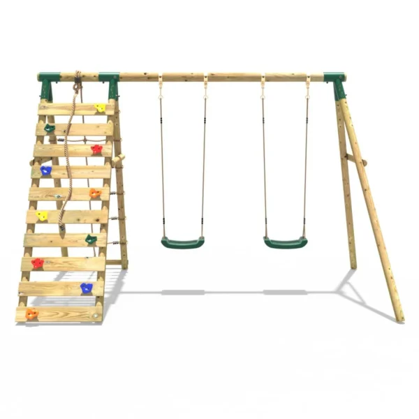 Rebo Wooden Swing Set with Up and Over Climbing Wall - Ela Green - Image 5