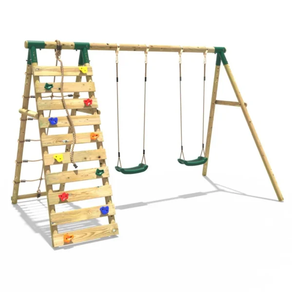 Rebo Wooden Swing Set with Up and Over Climbing Wall - Ela Green - Image 4