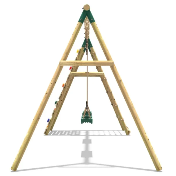 Rebo Wooden Swing Set with Up and Over Climbing Wall - Ela Green - Image 2