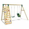 Rebo Wooden Swing Set with Up and Over Climbing Wall - Kai Green - Image 2