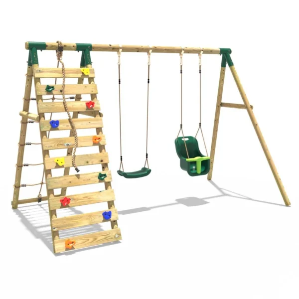 Rebo Wooden Swing Set with Up and Over Climbing Wall - Kai Green - Image 2