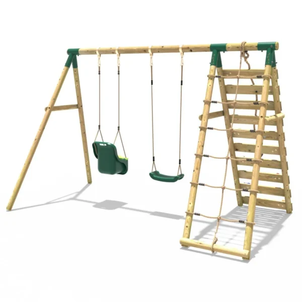 Rebo Wooden Swing Set with Up and Over Climbing Wall - Kai Green - Image 3