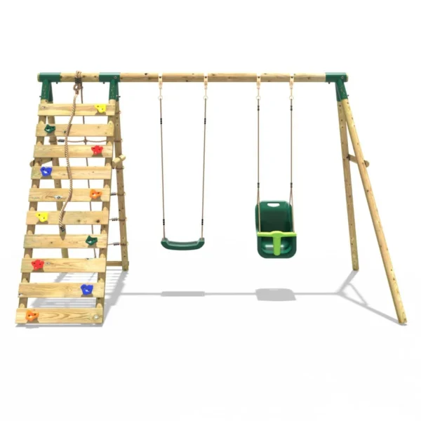 Rebo Wooden Swing Set with Up and Over Climbing Wall - Kai Green - Image 4