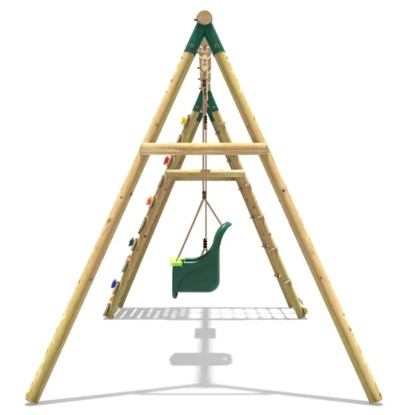 Rebo Wooden Swing Set with Up and Over Climbing Wall - Kai Green