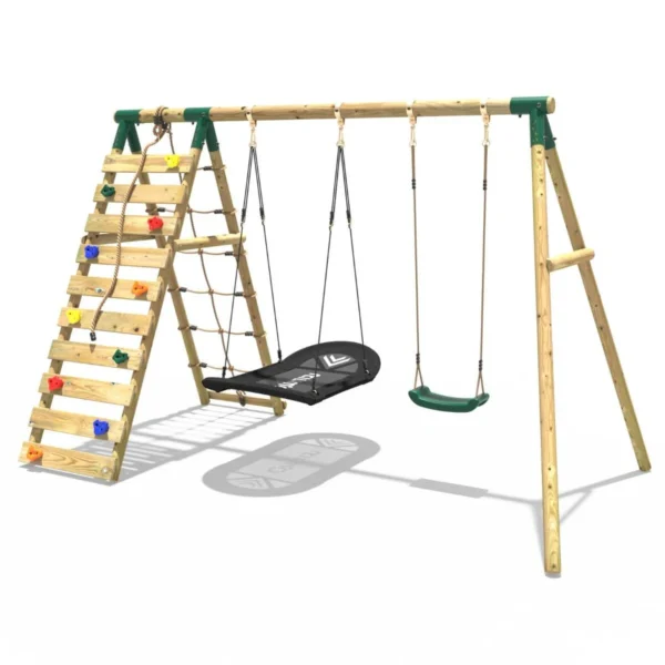 Rebo Wooden Swing Set with Up and Over Climbing Wall - Sage Green - Image 8