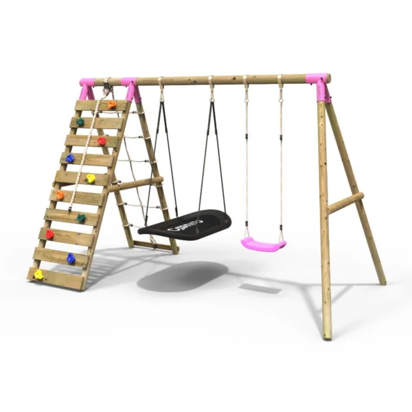 Rebo Wooden Swing Set with Up and Over Climbing Wall - Sage Pink - Image 5