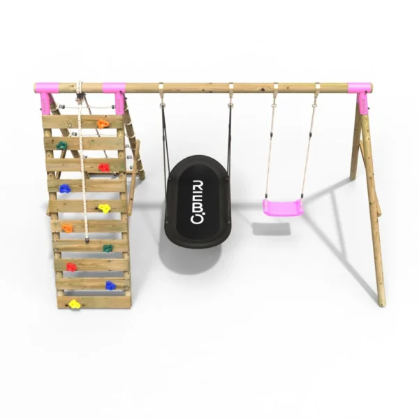 Rebo Wooden Swing Set with Up and Over Climbing Wall - Sage Pink - Image 3