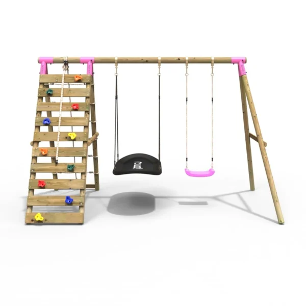 Rebo Wooden Swing Set with Up and Over Climbing Wall - Sage Pink - Image 4