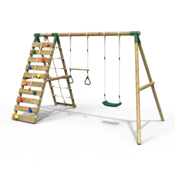 Rebo Wooden Swing Set with Up and Over Climbing Wall - Savannah Green - Image 5