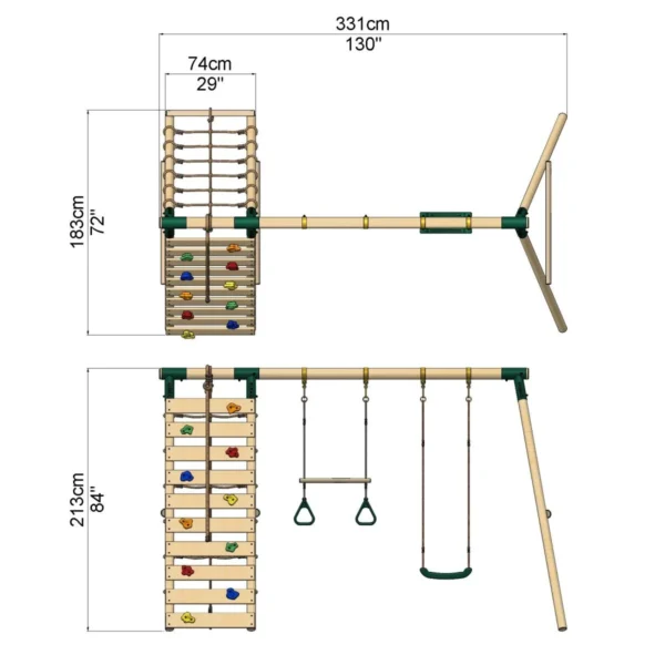 Rebo Wooden Swing Set with Up and Over Climbing Wall - Savannah Green