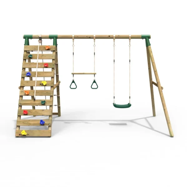 Rebo Wooden Swing Set with Up and Over Climbing Wall - Savannah Green - Image 4