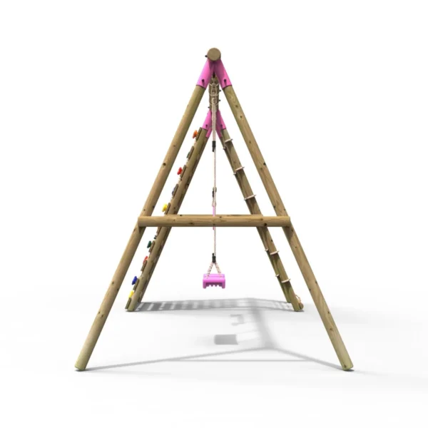 Rebo Wooden Swing Set with Up and Over Climbing Wall - Savannah Pink - Image 3