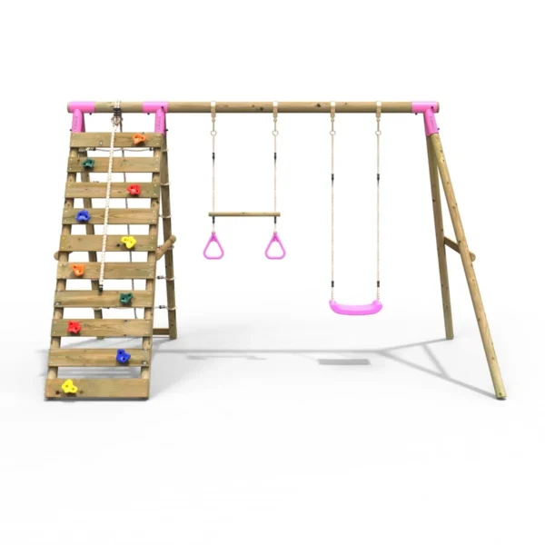 Rebo Wooden Swing Set with Up and Over Climbing Wall - Savannah Pink - Image 4