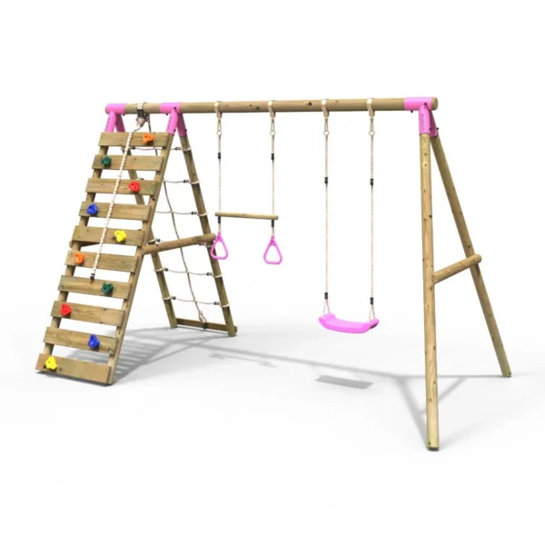 Rebo Wooden Swing Set with Up and Over Climbing Wall - Savannah Pink - Image 5