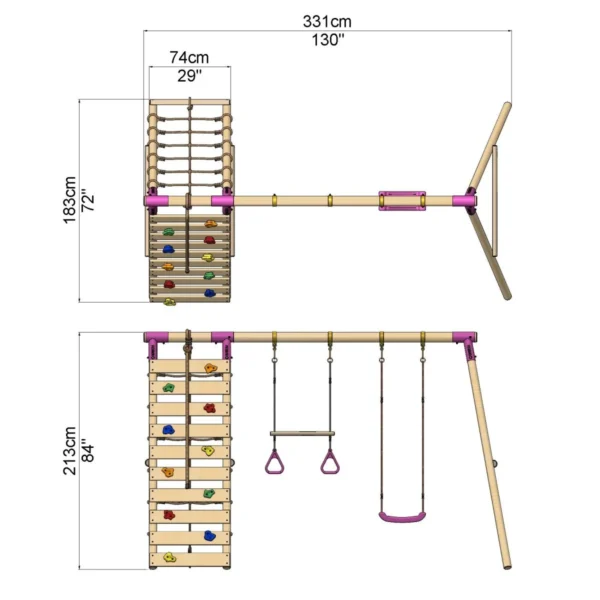 Rebo Wooden Swing Set with Up and Over Climbing Wall - Savannah Pink - Image 2