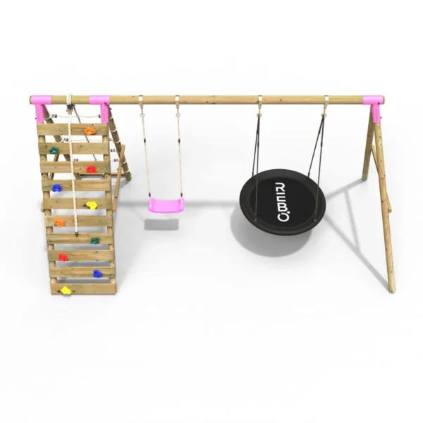 Rebo Wooden Swing Set with Up and Over Climbing Wall - Vale Pink - Image 4