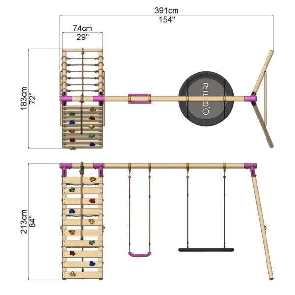 Rebo Wooden Swing Set with Up and Over Climbing Wall - Vale Pink - Image 2