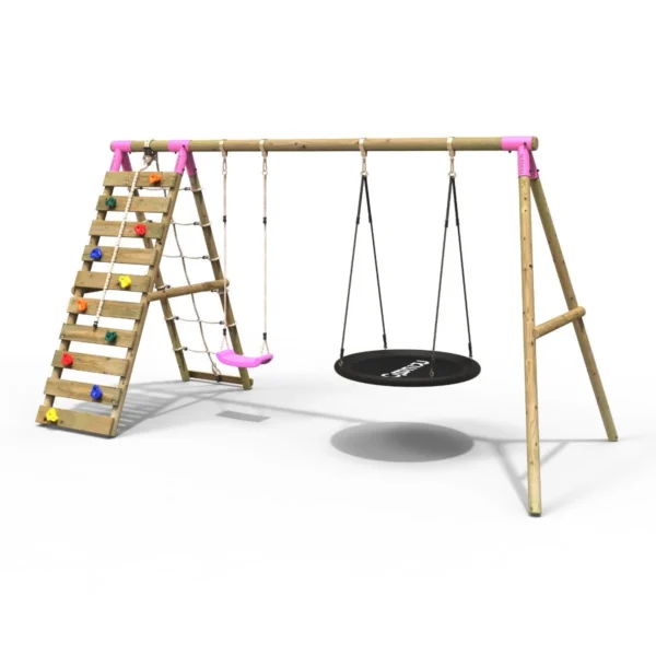 Rebo Wooden Swing Set with Up and Over Climbing Wall - Vale Pink