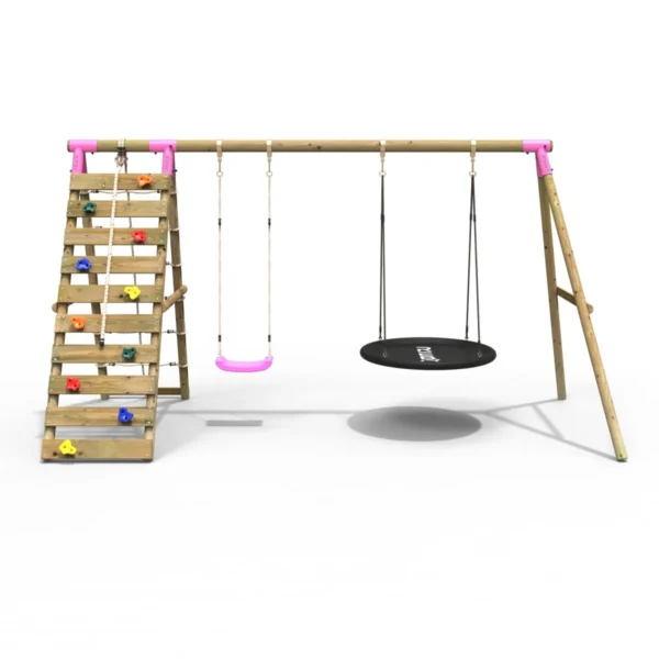 Rebo Wooden Swing Set with Up and Over Climbing Wall - Vale Pink - Image 5